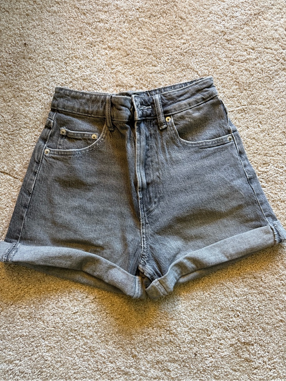 Zara Gray High-Rise Rolled Hem Denim Shorts